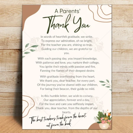 Teacher Appreciation Poem Message from Parents PDF Printable