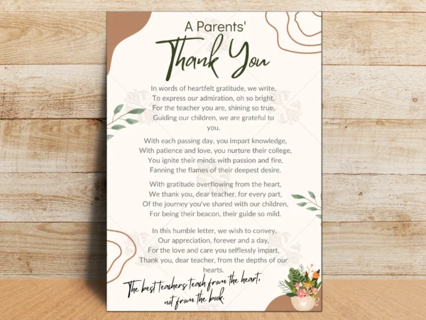 Teacher Appreciation Poem Message from Parents PDF Printable